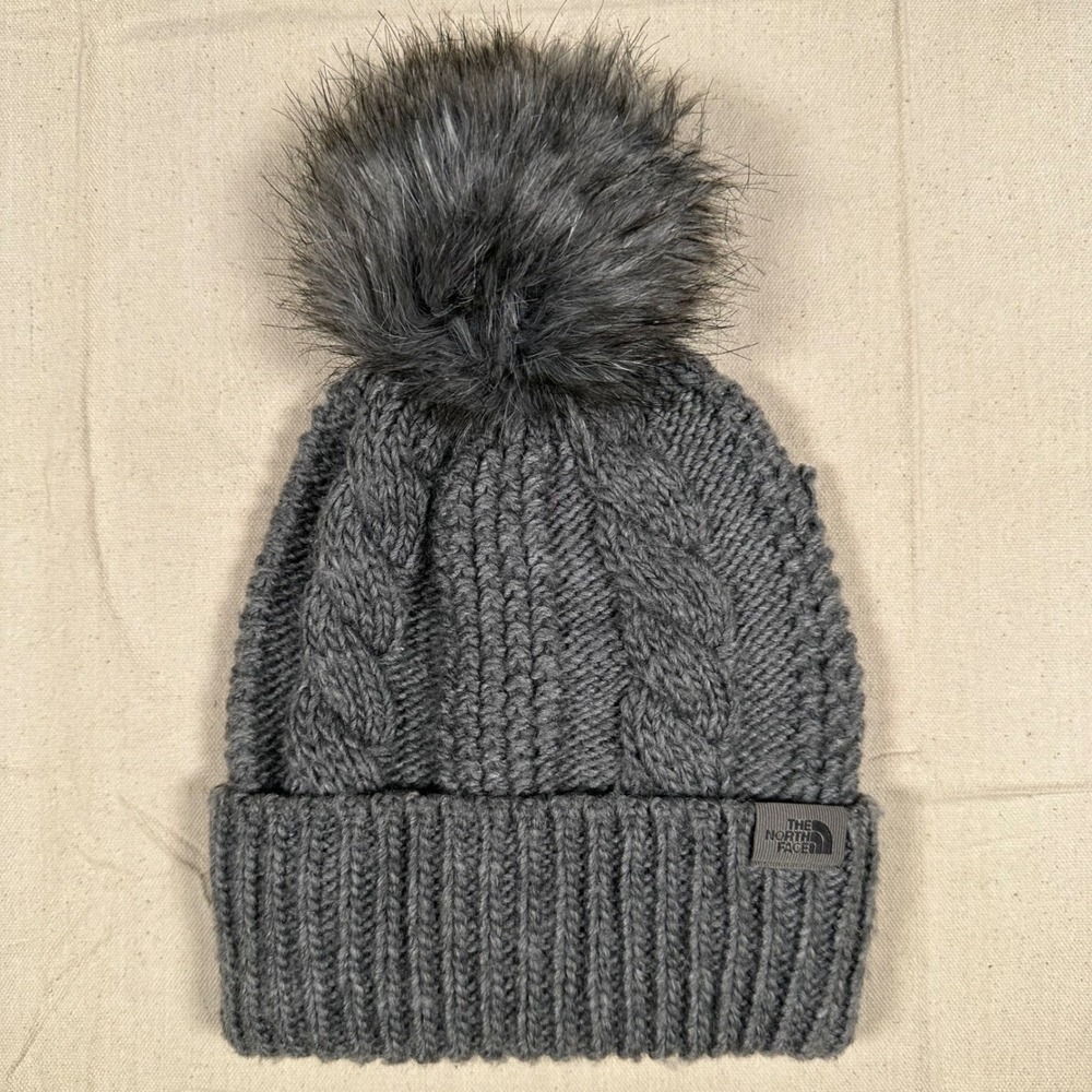 The North Face Womens Oh-Mega Fur Pom Beanie Gray Cable Knit Winter Hat OS